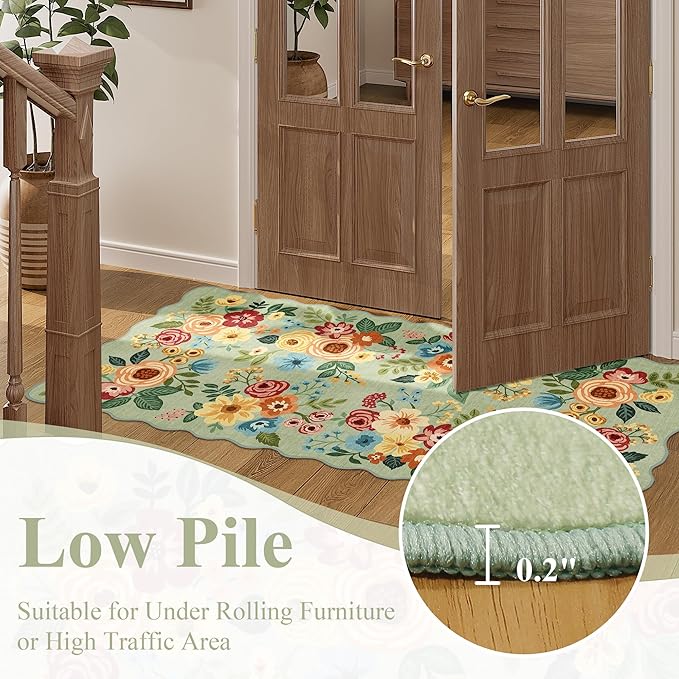 DUKINO 2x4 Washable Runner Rugs, Non Slip Floral Print Entryway Rug with Soft Low Pile, Lightweight Mat for Living Room, Bathroom, Bedroom, Kitchen, Green