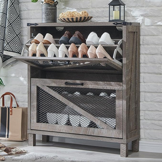 JXQTLINGMU Shoe Cabinet with 2 Flip Drawers, Farmhouse Shoe Storage Cabinet with Mesh Doors and Adjustable Shelves, Rustic Wooden Shoe Organizer, Small Shoe Cabinet Storage for Entryway, Grey