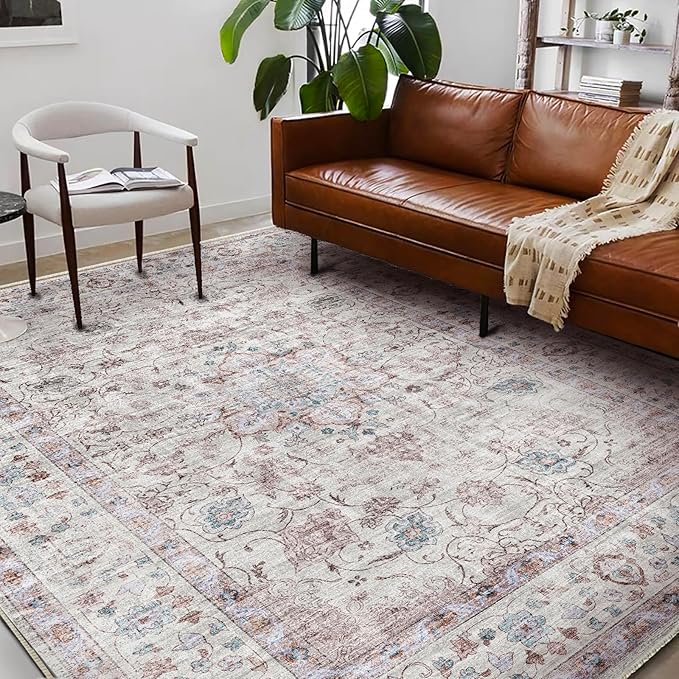 Washable Area Rug 8'x10' Retro Boho Design Non-Shedding Non-Slip Easy Care Ideal for High Traffic Areas in Living Room Bedroom Office Coffee Table Kitchen Large Carpet