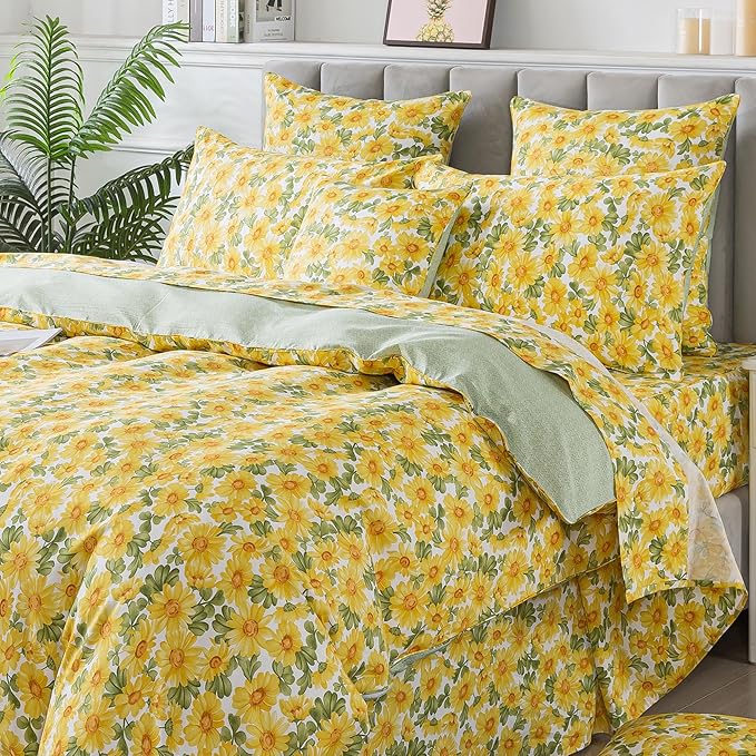 FADFAY Sunflower Duvet Cover Set Vintage Yellow Daisy Floral Bedding Shabby Botanical Comforter Cover Set 100% Cotton Ultra Soft Quilt Cover with Hidden Zipper Closure 3Pcs, King/California King Size