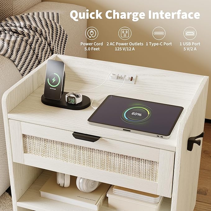 Rattan Nightstand, Bedside Table with Type-C Charging Station - 1 Storage Drawer & Open Storage Space, Boho End Table Side Table for Bedroom Office, Large Night Stand with Charging Port