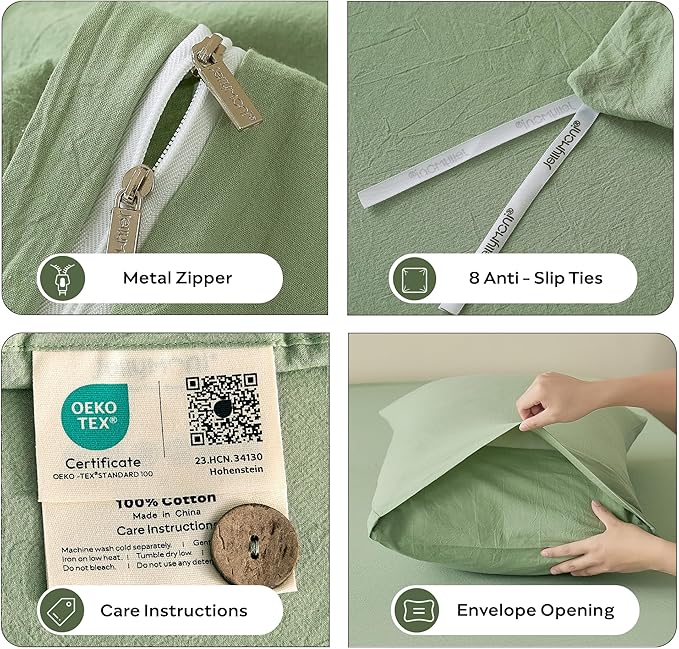 JELLYMONI Duvet Cover Queen Size - Washed Cotton Comforter Cover with Linen-Like Texture,Breathable & Soft Bedding for Modern Home,Guest Room and Everyday Use,Mint Green 1 Duvet Cover & 2 Pillowcases