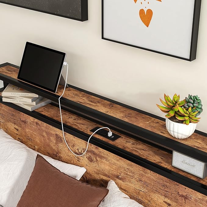 HOJINLINERO Full Size Bed Frame with Storage Headboard/USB Charging Station,Metal Platform Bed Frame Full Size No Box Spring Needed,Noise-Free,Strong Steel Slats Support,Rustic Brown