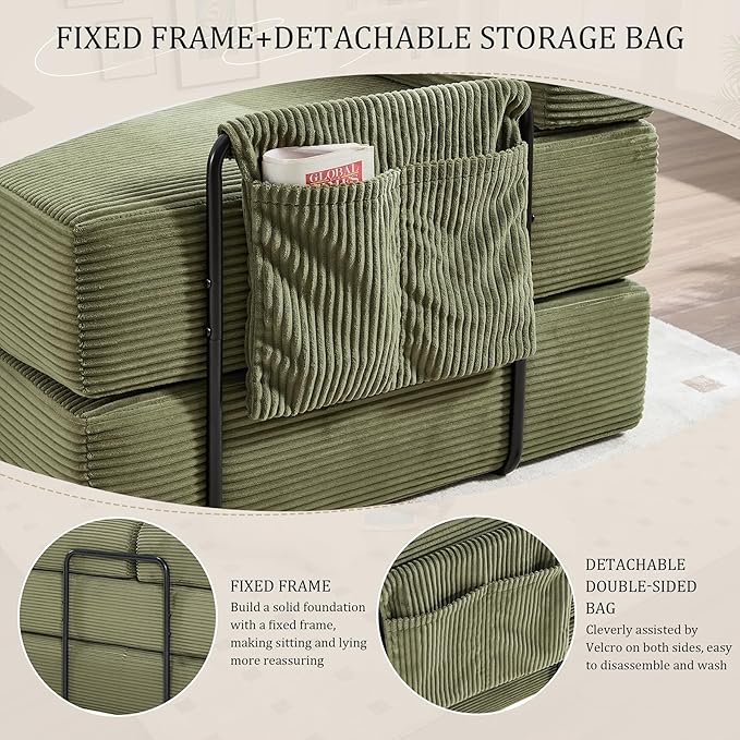 106" Oversized Convertible Sleeper Sofa Bed, Corduroy L Shape Sectional Couch, Folding Sofa Bed with Side Pocket, Modern Cloud Floor Mattress Couch, Modular Sofa for Living Room, Olive Green