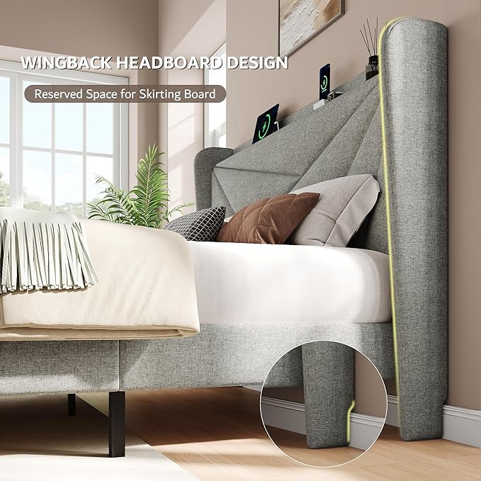 iPormis Queen Size Bed Frame with Charging Station, Linen Platform Bed Frame with Wingback Headboard Upholstered Bedframe, Solid Wood Slats Support, No Box Spring Needed, Easy Assembly, Light Grey