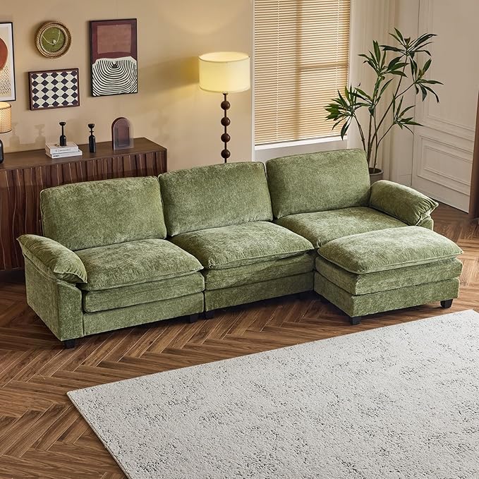 VINGLI 122" Cloud Double-Layer Deep Convertible Sectional Sofa, Comfy L-Shape 3-Seat Couches for Living Room, Modern Couch with Movable Ottoman for Small Space, Olive Green, Chenille