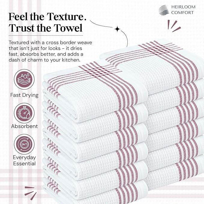 Burgundy and White Waffle Kitchen Towels 5 Pack, 100% Cotton, 16x26 Inch, Absorbent, Quick Dry, Durable Dishcloths for Wiping, Cleaning, Machine Washable, Kitchen, and Cooking Use