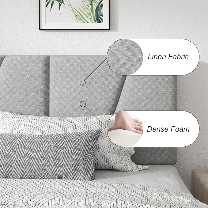 Queen Size Platform Bed Frame with Geometric Upholstered Headboard, Noise Free, Wooden Slats Support, No Box Spring Needed, Easy Assembly, Light Grey, Linen
