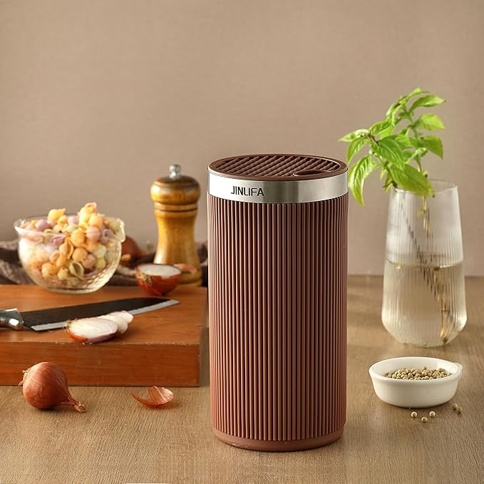 Knife Block Without Knives, JINLIFA Kitchen Knife Holder Block, Universal Knife Storage Organizer Stand Rack for Countertop (Stylish Brown Color)