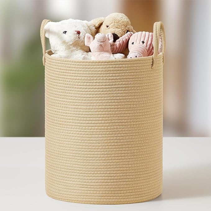 SONGMICS Laundry Hamper, Cotton Rope Laundry Basket with Handles, for Children, Toys, Clothing, Living Room, Bedroom, 15.8 Gallons, 13.8 x 13.8 x 19.7 Inches, Yellowish Brown URLH061KZ01