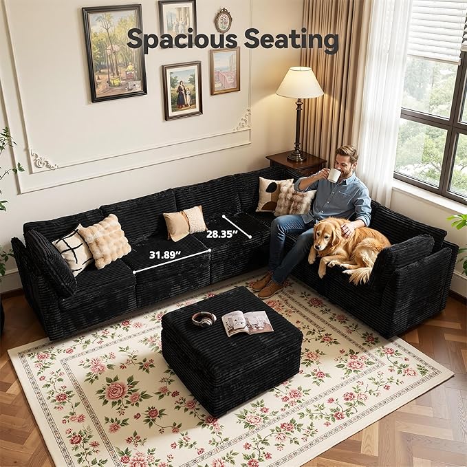 Large 7 Seat Modular Sectional Sofa with Ottoman Seat Corduroy Sleeper Sectional Sofa Bed Oversized Convertible Modular Couch for Living Room