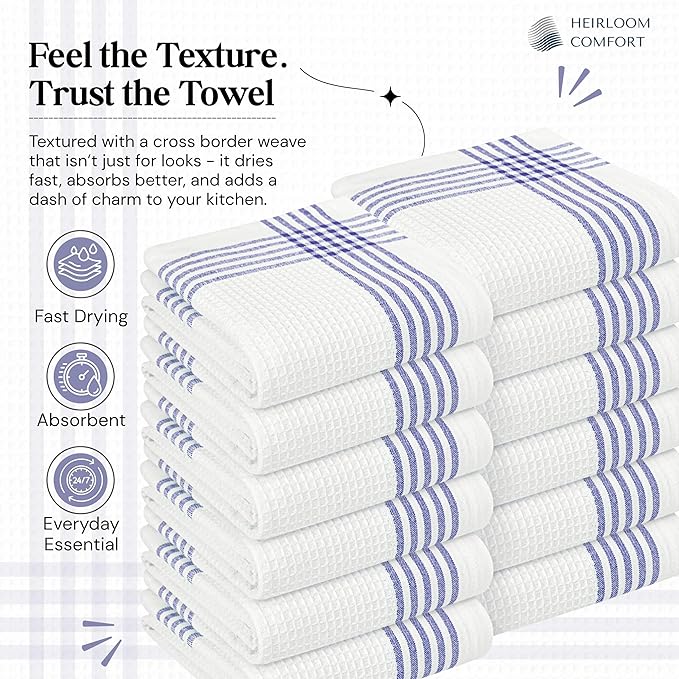 Indigo Blue and White Waffle Kitchen Towels 5 Pack, 16x26 Inch, 100% Cotton, Absorbent & Quick Dry Dish Towels, Soft & Durable Cloths for Cooking, Drying, Cleaning, Machine Washable