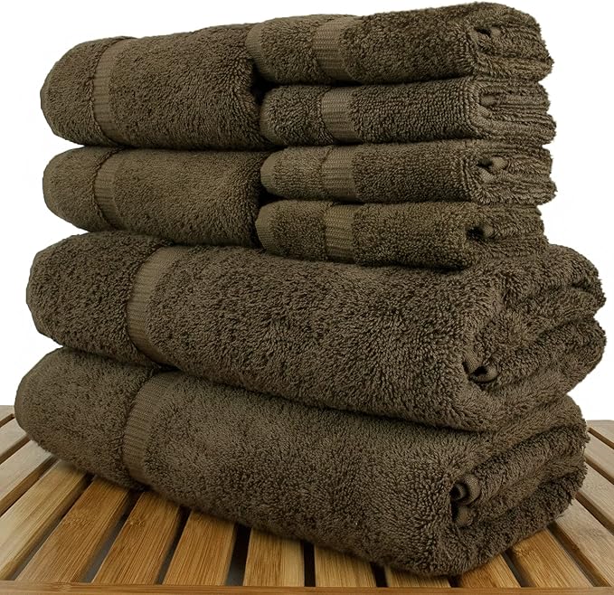 BC Bare Cotton Luxury Hotel & Spa Quality, Highly Absorbent 100% Turkish Cotton, 750+ GSM, Eco Friendly Towel, Bathroom and Kitchen Dobby Border Towels(8 Piece, Cocoa)