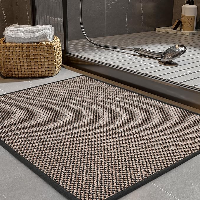 PADOOR Non-Slip Bath-Mats for Bathroom, Rubber-Backing Braided Absorbent Bathroom Mat Machine Washable Thin Bathroom Rugs Fit Under Door Quick Dry Bath Rugs for Floor, 17''x30'' Black
