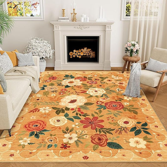 DUKINO 5x7 Area Rug, Floral Rugs for Living Room, Lightweight Non Slip Washable Rug, Indoor Low Pile & Non-Shedding Boho Design Rugs for Bedroom, Living Room, Dining Room, Orange