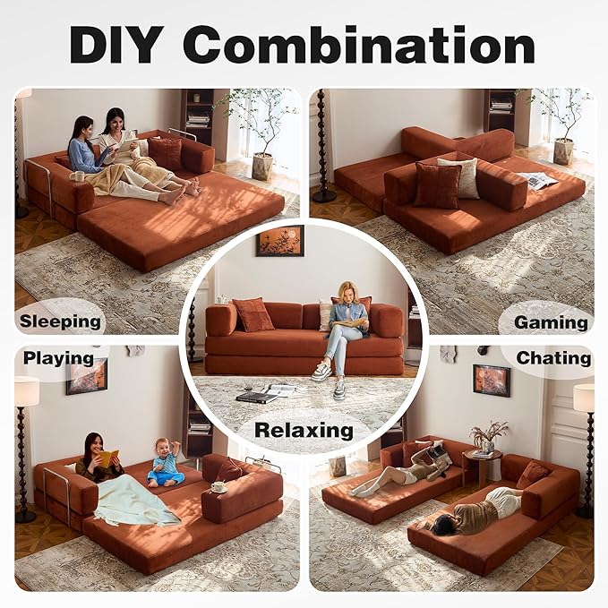98.4" Convertible Sofa Bed - Compression Sofa with Corduroy Fabric - with Armrests and Backrest - Modular Sectional for Living Room, Bedroom, Studio - Compression Sofa in Box (Orange)