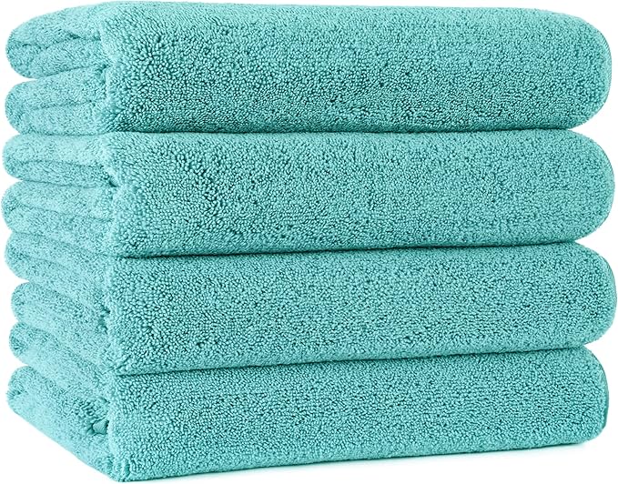 POLYTE Microfiber Quick Dry Lint Free Bath Towel, 57 x 30 in, Pack of 4 (Aqua)