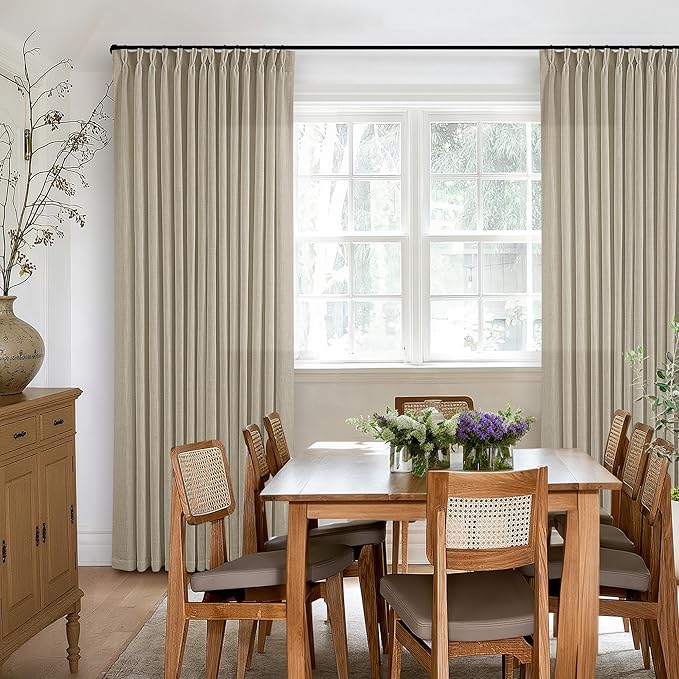 Light Khaki Linen Pinch Pleated Curtains 84 Inches Long 2 Panels for Living Room Bedroom Flax Linen Pleated Hooks Rings Back Tab Light Filtering Taupe Country Farmhouse Curtain Drapes 84 Inch Length
