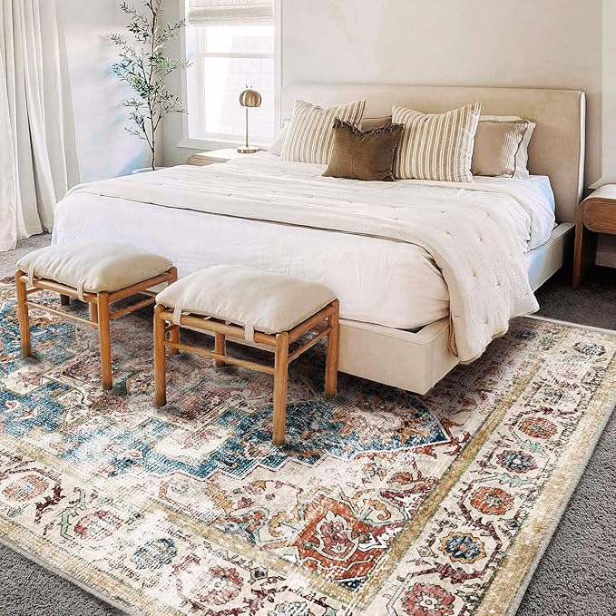 Beige Blue Washable Area Rug 8'x10' Boho Chic Medallion Distressed Design Non-Shedding Easy Care Ideal for High Traffic Areas in Living Room Bedroom Office Coffee Table Large Carpet