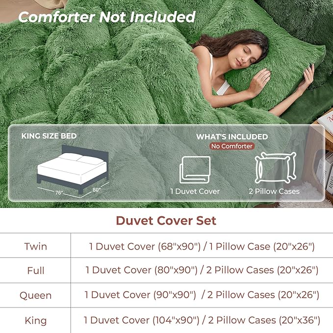 Sasttie 3-Piece Fluffy Duvet Cover King, Ultra Soft Faux Fur and Velvet Dark Green Comforter Cover, Luxury Fuzzy Bedding Sets for Winter Bed, Includes 1 Duvet Cover and 2 Pillowcases, No Comforter