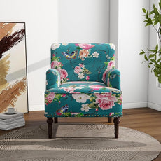 Accent Chair, Mid Century Modern Comfy Armchair for Living Room, Linen Fabric Single Sofa Lounge for Reading Bedroom Apartment Waiting Room with Wood Legs (Floral, Set of 2)
