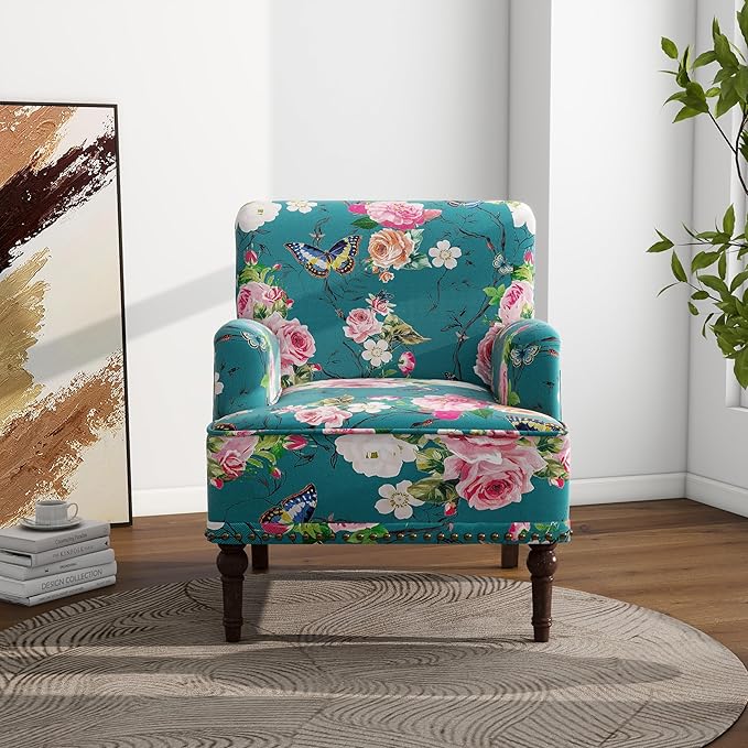 Accent Chair, Mid Century Modern Comfy Armchair for Living Room, Linen Fabric Single Sofa Lounge for Reading Bedroom Apartment Waiting Room with Wood Legs (Floral, Set of 2)