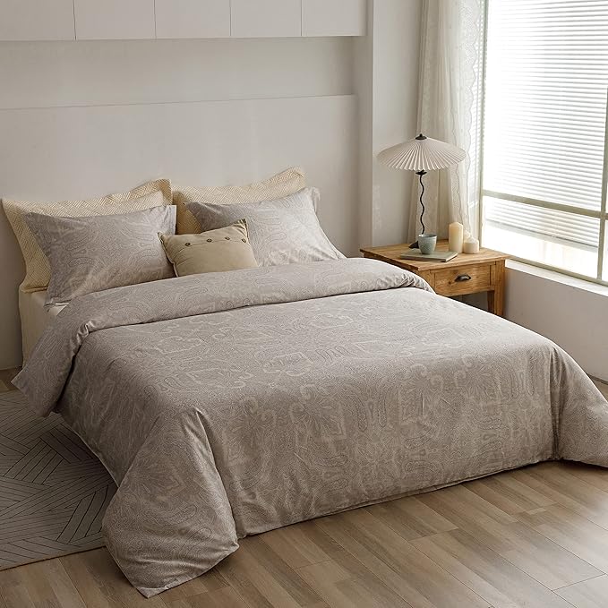 HeimenAogo Egyptian Cotton Duvet Cover California King Sateen Weave, Silky Soft Boho Duvet Cover Zipper Closure, Long Staple Cotton Bed Linen Boteh Damask Medallion Paisley 3Pcs (104"×98")
