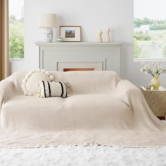 Bedsure Gentlesoft 100% Cotton Large Blanket Oversized King for Bed - Breathable Thick Waffle Weave Blanket for Summer, Couch Cover, Light Beige, 120x94 inches