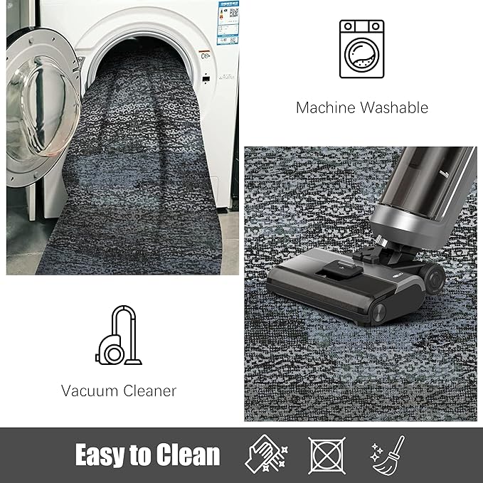 RUGSURE Washable Area Rug - 1/6 Thick - Stain & Water Resistant Non-Slip - Resistant Rug for Living Room, Bedroom, Nursery, Pet & Child Friendly, Vintage Charm Area Rugs (Darkgrey+Bule, 5' x 7')
