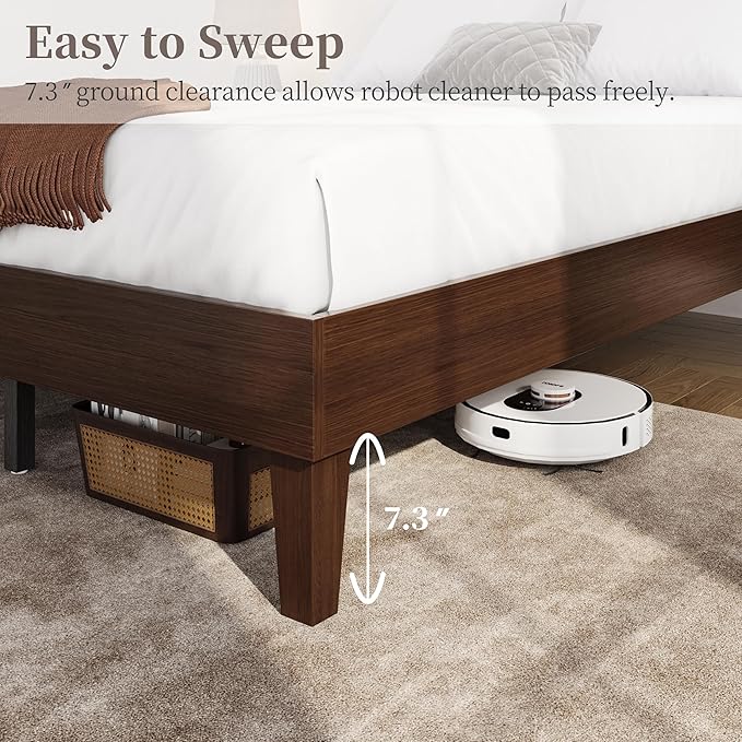 Yaheetech King Bed Frame Natural Solid Wood Platform Bed with Wooden Slats Support, 12-inch Underbed Space for Storage, Noise-Free Design, Easy Assembly, Dark Walnut Finish