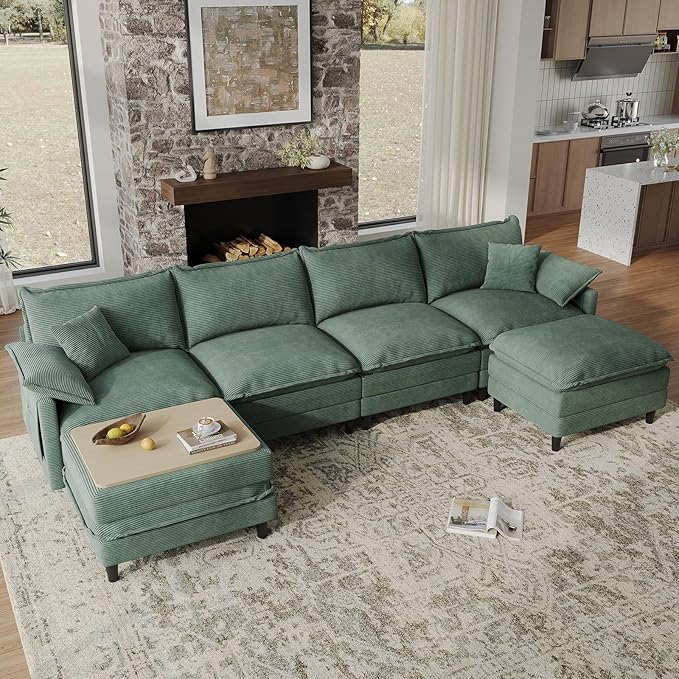 143" U Shaped Modular Sectional Cloud Couch with Two Ottoman, Snap-on Easy Installation 6-Piece Deep Seat Sofa with Storage Bag and Coffee Table for Living Room, Corduroy, Green