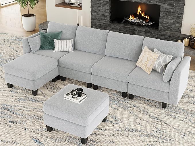 Modular Sectional Sofa, Convertible U Shaped Sofa Couch with High Density Memory Foam, 6 Seat Comfy Modular Sofa Couch for Living Room, Modern U Shaped Sectional Sofa, Lightgrey