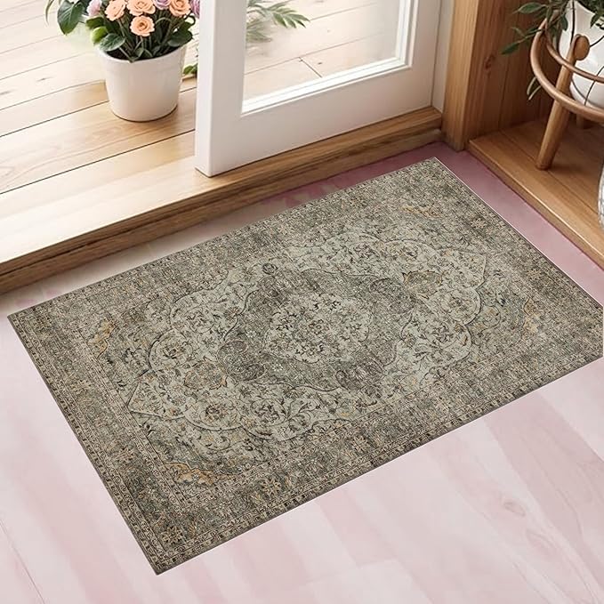 RCTJHOME 2'x3' Washable Entryway Rugs, Indoor Door Mat with 4 Non-Slip Tapes, Kitchen Bathroom Front Door Mat Indoor Entrance, Small Rugs and Mats, Distress Floral Forest Green