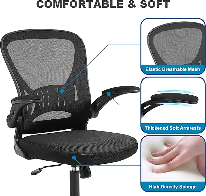 Youhauchair Mesh Office Chair, Ergonomic Home Office Desk Chairs with Flip-up Arms and Lumbar Support, Height Adjustable, Black
