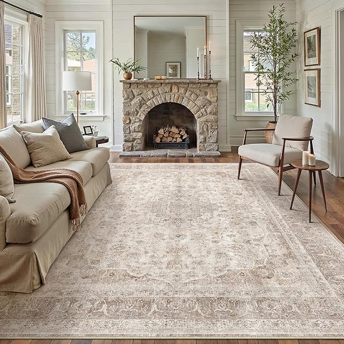Beige Area Rug 8x10 for Living Room Washable Vintage Carpet Low Pile Non Slip Distressed Soft Traditional Retro Oriental Large Accent Throw Rug Office Bedroom Dining Room Playroom