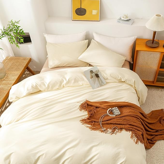 ECOCOTT Duvet Cover King Size - 3 Piece 100% Washed Cotton Bedding Set, Soft & Breathable with Zipper Closure 8 Corner Ties - Comfortable and Stylish for All Seasons (Cream)