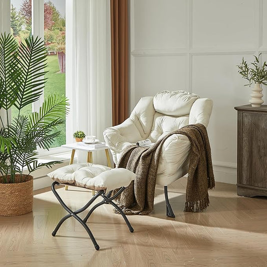 HollyHOME Lazy Chair with Foldable Ottoman, Accent Comfy Lounge Armchair and Folding Footrest Stool, Leisure Sofa Reading Chair and Footstool for Living Room, Bedroom, Dorm,Velvet Beige