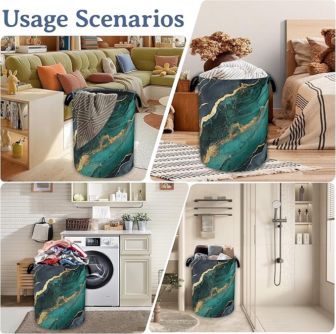 Marble Laundry Basket,Foldable Oxford Cloth Green Gold Flowing Marble Laundry Hamper With Handle, 20.8"x16" Portable Clothes Storage Basket Bag for Laundry Room/Bathroom/Bedroom/Dormitories