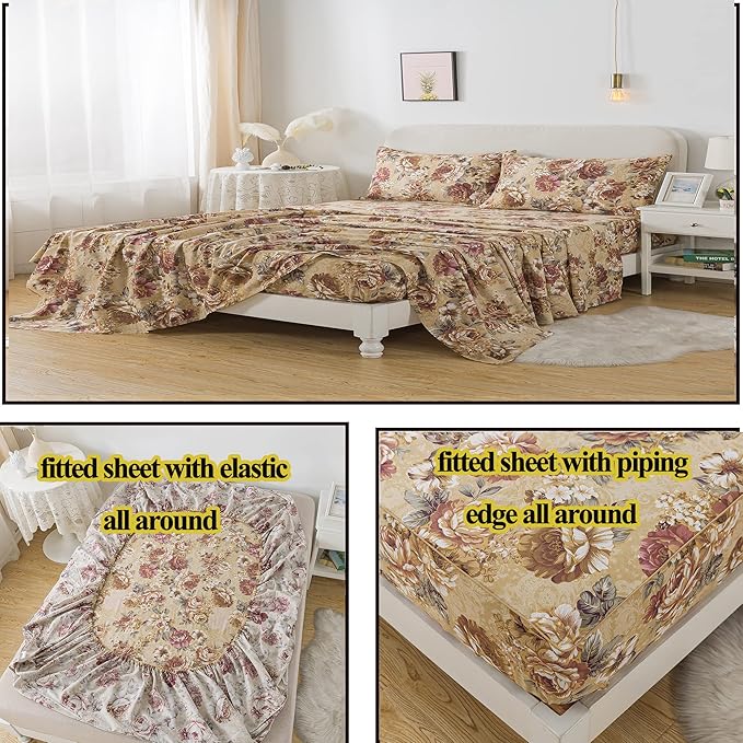 FADFAY Sheets Set Twin Tan Peony Floral Bed Sheet Set Vintage Farmhouse Bedding 100% Cotton Ultra Soft Breathable Bedding with Deep Pocket Fitted Sheet 4Pcs, Twin Size