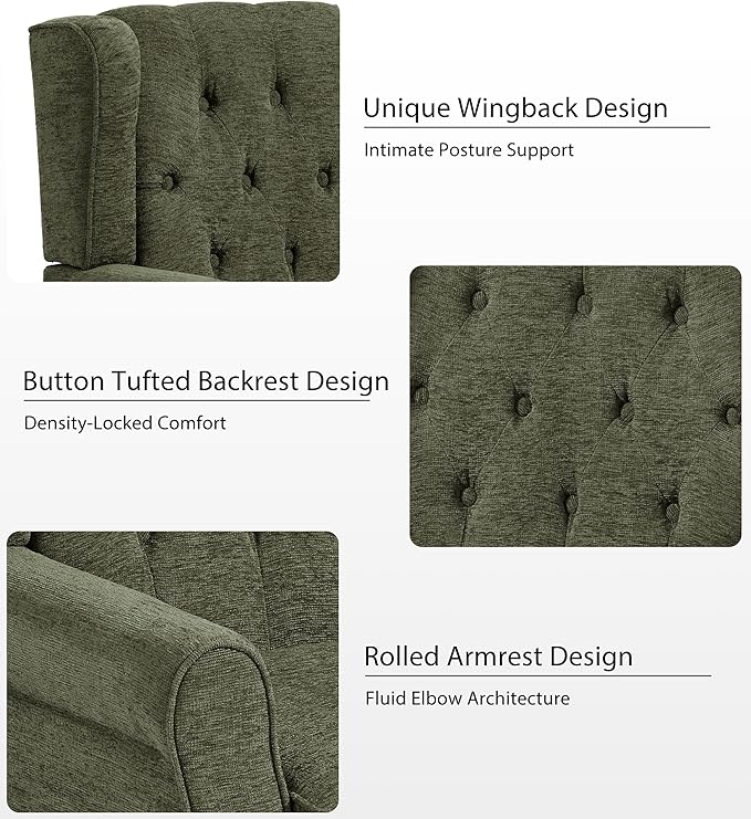 Lumibee High Back Accent Chair,Upholstered Wingback Armchair with Solid Wood Legs for Small Spaces,Comfy Single Sofa Chair for Living Room,Bedroom,Office-Green