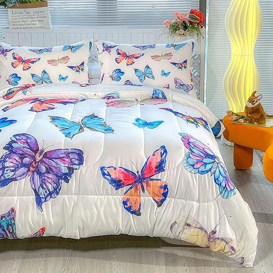 CVHOUSE Butterfly Bedding Set,Butterfly Comforter King,Butterfly Comforter Set for Girls Kids Teens,Butterflies Quilt Set with 1 Comforter and 2 Pillow Cases