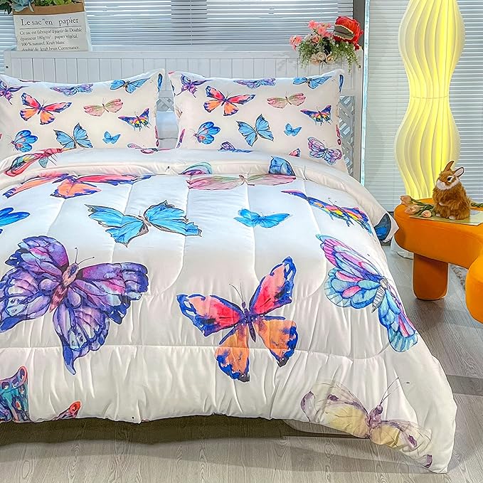 CVHOUSE Bedding Set, Full Size, Butterfly Design for Girls Kids Teens, 3Pcs Including Comforter and 2 Pillowcases