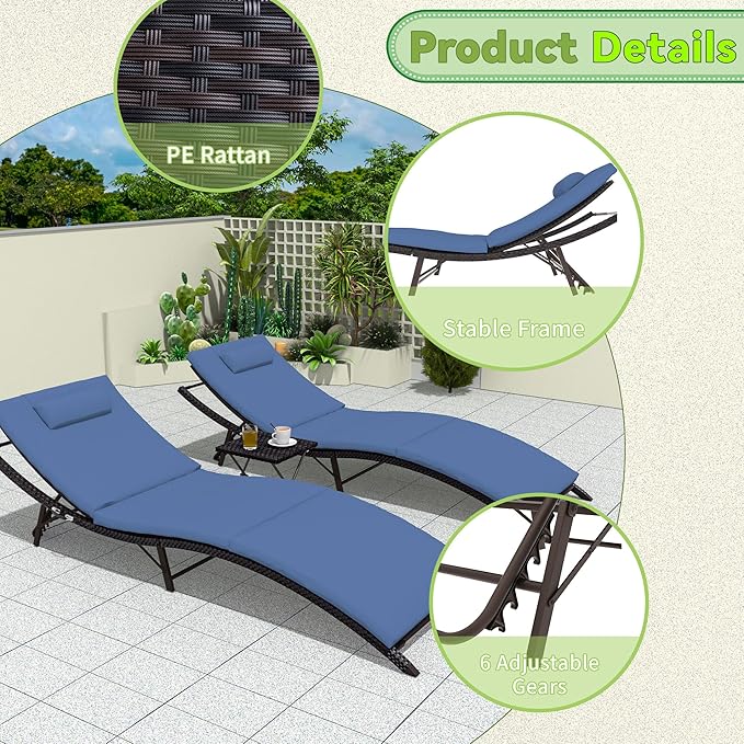 Patio Chaise Lounge Set 3 Pieces Pool Lounge Chairs,Cushioned Outdoor Folding Lounge Chair w/Rattan Adjustable Backrest for Poolside Porch,Folding Table Included,NavyBlue