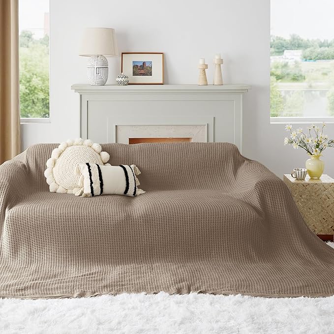 Bedsure Gentlesoft 100% Cotton Large Blanket Oversized King for Bed - Breathable Thick Waffle Weave Blanket for Summer, Couch Cover, Light Brown, 120x94 inches