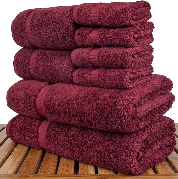 BC Bare Cotton Luxury Hotel & Spa Quality, Highly Absorbent 100% Turkish Cotton, 750+ GSM, Eco Friendly Towel, Bathroom and Kitchen Dobby Border Towels(8 Piece, Cranberry)