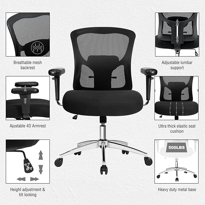 Big and Tall Office Chair 500lbs, Heavy Duty Ergonomic Mesh Chair, Computer Executive Desk Chair with Wide Thick Seat, Adjustable Armrests, Lumbar Support