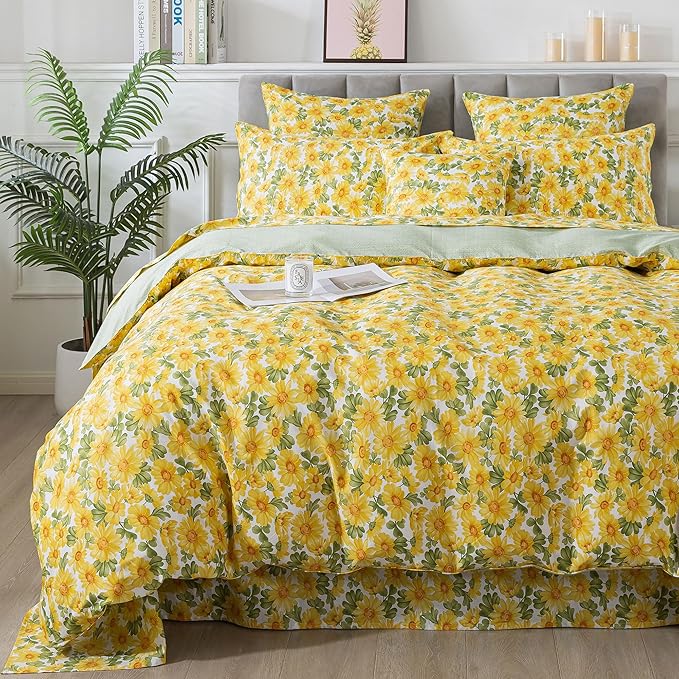FADFAY Sunflower Duvet Cover Set Full Vintage Yellow Daisy Floral Bedding Shabby Botanical Comforter Cover Set 100% Percale Cotton Ultra Soft Quilt Cover with Hidden Zipper Closure 3Pcs, Full Size