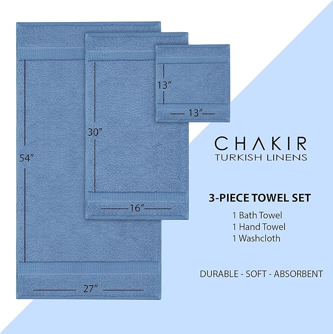 Chakir Turkish Linens | Hotel & Spa Quality 100% Cotton Premium Turkish Towels | Soft & Absorbent (3-Piece Towel Sets, Wedgewood)