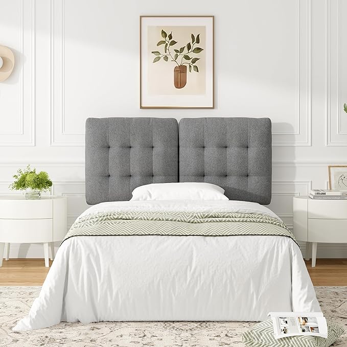 Tufted Upholstered Full Headboard, Adjustable Height Full Size Headboard Only from 39”to 44” with Durable Solid Wood Legs, Modern Button Diamond Fabric Head Board with Width Adapters, Grey