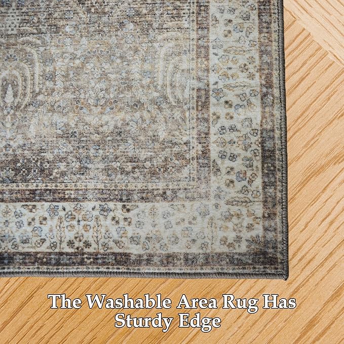 RCTJHOME 4'x6' Washable Area Rugs for Hallway, Non Slip Dining Room Rugs, Soft Low Pile Entryway Indoor Mat, Moroccan Accent Carpet for Kitchen, Living Room and Bedside, Retro Golden Brown Multi
